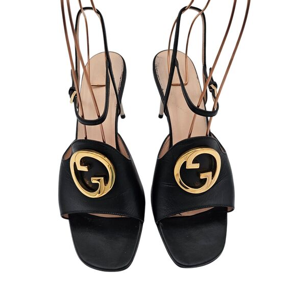 Gucci GG Blondie Heel Sandal Size 40.5 US 10.5 Black Leather Square Open Toe - Picture 2 of 12